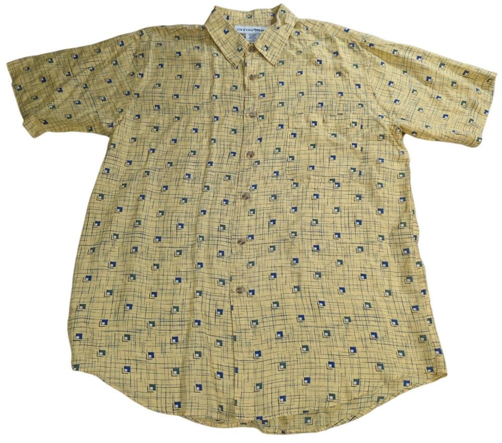 Y2K Irvine Park Mens L Silk Shirt Yellow Blue Geometric Print Short Sleeve